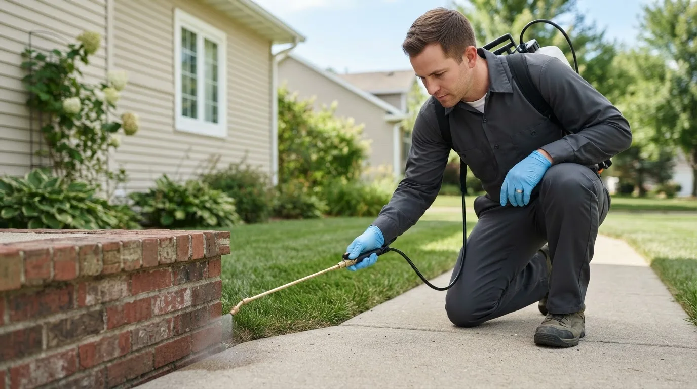 Pest control technician treating a home near Boyden, IA