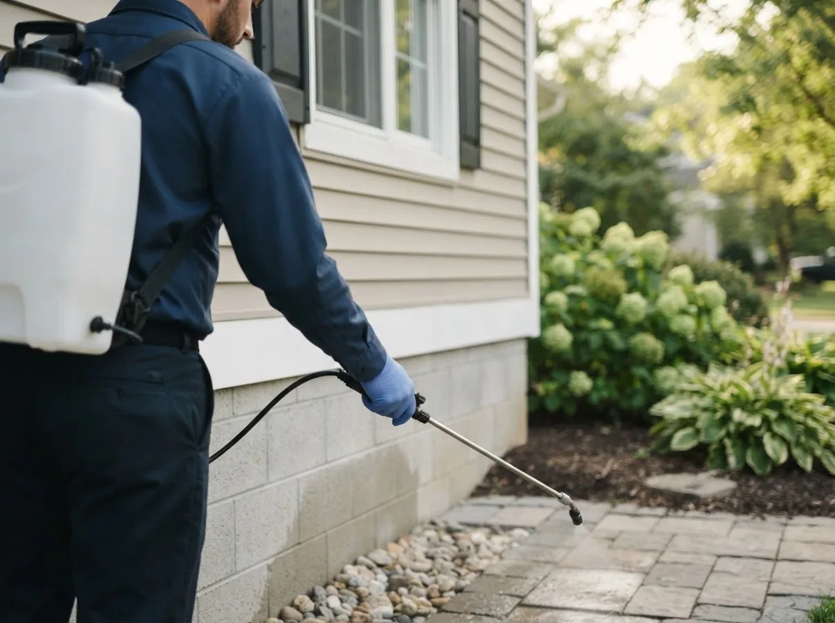 Pest control technician inspecting a home in Boyden, IA